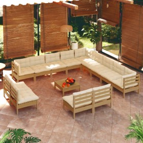 Muebles de jardín 14 pzas y cojines madera de pino marrón miel