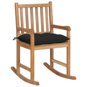 Silla mecedora de madera maciza de teca con cojín negro