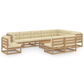 Set de muebles de jardín 11 pzs cojines madera pino marrón miel