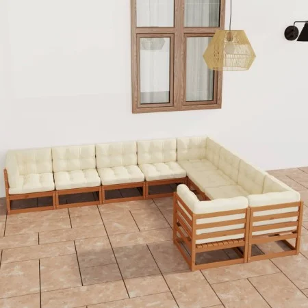 9-piece garden furniture set with cushions, made of brown honey pine wood. by , Garden sets - Ref: Foro24-3077037, Price: 999...