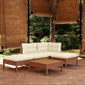 Muebles de jardín 5 pzas y cojines madera de pino marrón miel