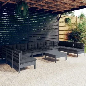 11-piece garden furniture set with gray cushions, made of solid pine wood. by , Garden sets - Ref: Foro24-3097195, Price: 923...