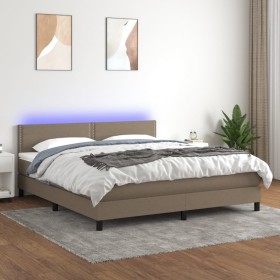 Cama box spring colchón y luces LED tela gris taupe 180x200 cm