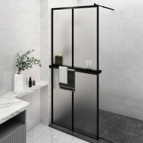 Mampara ducha con estante vidrio ESG y aluminio negro 90x195 cm