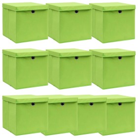 Cajas de almacenaje con tapas 10 uds tela verde 32x32x32 cm