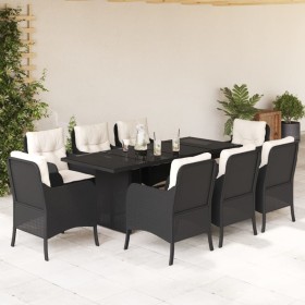 Set de comedor de jardín 9 pzas y cojines ratán sintético negro