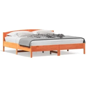 Bed frame with wax brown pine wood headboard 200x200 cm by , Beds and slatted bases - Ref: Foro24-3216190, Price: 230,12 €, D...