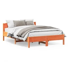 Bed frame with wax brown pine wood headboard 150x200 cm by , Beds and slatted bases - Ref: Foro24-3216199, Price: 203,72 €, D...