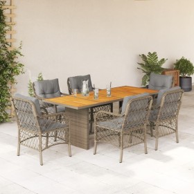 Set comedor de jardín 7 pzas con cojines ratán sintético beige