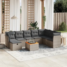 Set de muebles de jardín 9 pzas y cojines ratán sintético gris