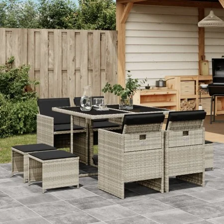 Garden dining set 9 pieces with light gray synthetic rattan cushions by , Garden sets - Ref: Foro24-3210599, Price: 509,28 €,...