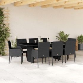 Set de comedor de jardín 9 pzas y cojines ratán sintético negro