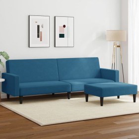 Sofá cama de 2 plazas con taburete terciopelo azul