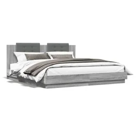 Bed frame headboard LED lights Sonoma gray 160x200 cm by , Beds and slatted bases - Ref: Foro24-3210001, Price: 218,49 €, Dis...