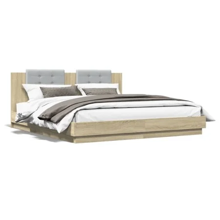 Bed frame headboard LED lights Sonoma oak 180x200 cm by , Beds and slatted bases - Ref: Foro24-3209991, Price: 236,95 €, Disc...