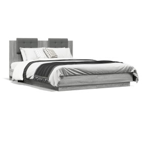 Estructura de cama cabecero luces LED gris Sonoma 140x200 cm