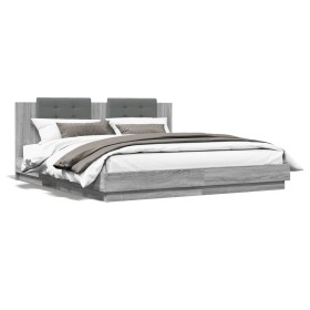 Sonoma gray engineered wood bed with headboard 200x200 cm by , Beds and slatted bases - Ref: Foro24-3209896, Price: 252,66 €,...
