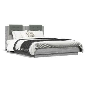Bed frame with headboard LED lights Sonoma gray 120x190 cm by , Beds and slatted bases - Ref: Foro24-3210057, Price: 181,56 €...