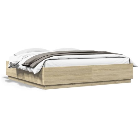 Estructura de cama con luces LED madera roble Sonoma 200x200 cm de , Camas y somieres - Ref: Foro24-3209585, Precio: 189,61 €...