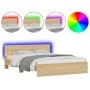 Sonoma oak bed frame with headboard and LED lights 150x200 cm by , Beds and slatted bases - Ref: Foro24-3207604, Price: 180,1...