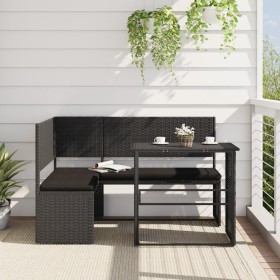 Sofá de jardín en forma de L con mesa y cojines ratán PE negro