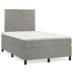 Cama box spring colchón y LED terciopelo gris claro 120x190 cm