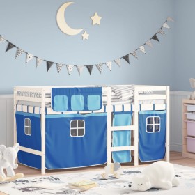 Cama alta para niños con cortinas madera pino azul 80x200 cm