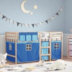High bed for children with blue pine wood curtains 90x190 cm by , Beds and slatted bases - Ref: Foro24-3283827, Price: 167,29...