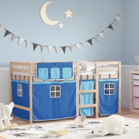 High bed for children with blue pine wood curtains 90x190 cm by , Beds and slatted bases - Ref: Foro24-3283827, Price: 167,29...
