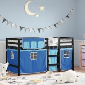 High bed for children with blue pine wood curtains 90x190 cm by , Beds and slatted bases - Ref: Foro24-3283833, Price: 194,05...