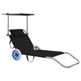 Tumbona plegable con toldo y ruedas acero negra de , Tumbonas - Ref: Foro24-44323, Precio: 65,78 €, Descuento: %
