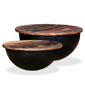 Set de 2 mesas de centro madera reciclada negra forma de bol