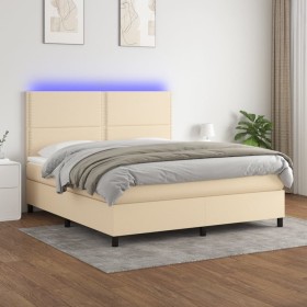 Cama box spring colchón y luces LED tela crema 160x200 cm