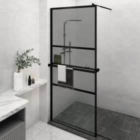 Mampara ducha con estante vidrio ESG y aluminio negro 100x195cm