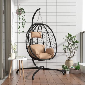 Ei-Hängesessel aus Stahl und synthetischem Rattan mit taupefarbenem Kissen von , Gartenwippen - Ref: Foro24-360047, Preis: 21...