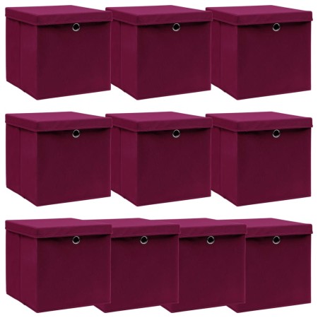 Caja de almacenaje con tapa 10 uds tela rojo oscuro 32x32x32 cm