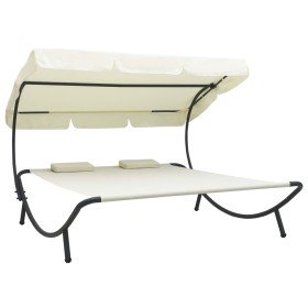 Tumbona de exterior con dosel y almohadas blanco crema