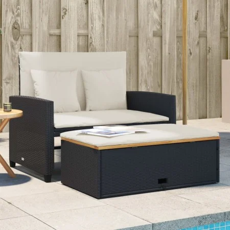 Garden sofa with cushions 2 seater rattan and black acacia wood by , Outdoor sofas - Ref: Foro24-365141, Price: 292,14 €, Dis...