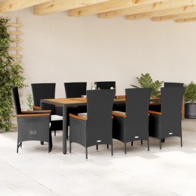 Set de comedor de jardín 9 pzas y cojines ratán sintético negro