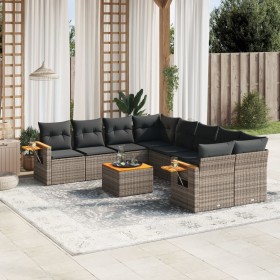 Set de muebles de jardín 9 pzas y cojines ratán sintético gris