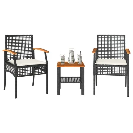 Table and chairs with cushions 3 pieces PE rattan black acacia wood by , Garden sets - Ref: Foro24-366259, Price: 156,60 €, D...