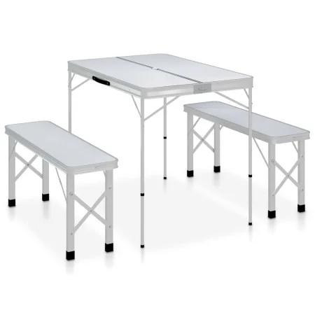 Mesa de camping plegable con 2 bancos aluminio blanco de vidaXL, Mobiliario de camping - Ref: Foro24-48181, Precio: 100,37 €,...