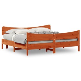 Estructura cama con cabecero madera pino marrón cera 200x200 cm