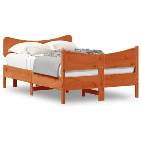 Bed frame with wax brown pine wood headboard 120x200 cm by , Beds and slatted bases - Ref: Foro24-3216386, Price: 201,14 €, D...