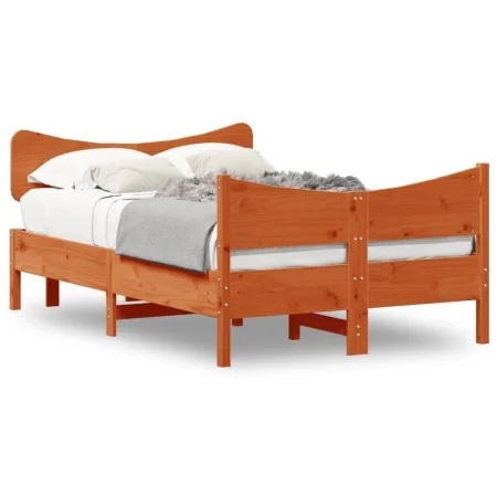Bed frame with wax brown pine wood headboard 120x200 cm by , Beds and slatted bases - Ref: Foro24-3216386, Price: 201,14 €, D...