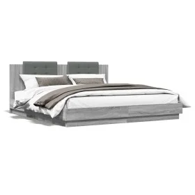 Sonoma gray engineered wood bed with headboard 160x200 cm by , Beds and slatted bases - Ref: Foro24-3209910, Price: 184,56 €,...