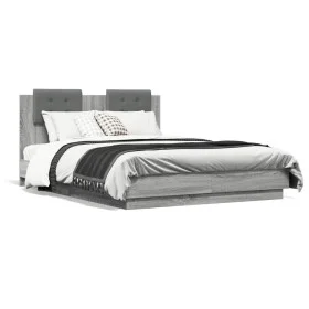 Sonoma gray engineered wood bed with headboard 135x190 cm by , Beds and slatted bases - Ref: Foro24-3209959, Price: 166,46 €,...
