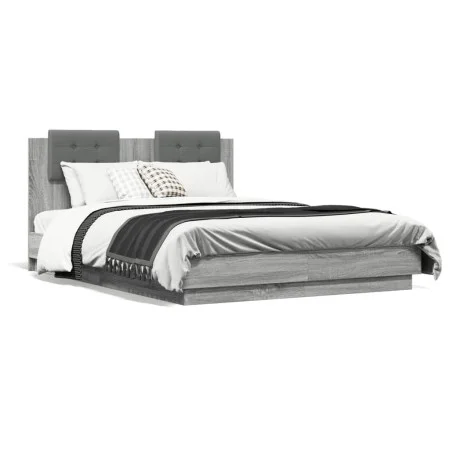 Sonoma gray engineered wood bed with headboard 135x190 cm by , Beds and slatted bases - Ref: Foro24-3209959, Price: 166,46 €,...