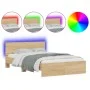 Sonoma oak bed frame with headboard and LED lights 135x190 cm by , Beds and slatted bases - Ref: Foro24-3207632, Price: 138,2...