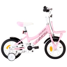 Bicicleta niños y portaequipajes delantero 12" blanca y rosa
